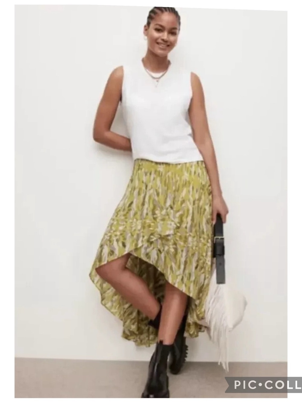 AllSaints Slvina Oniyuri Yellow Multi Camo Print Asymmetric Maxi Skirt Size 8
